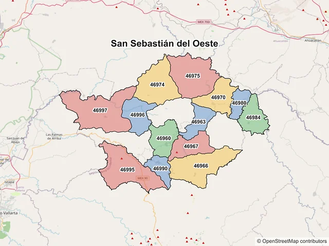 Mapa de códigos postales de San Sebastián del Oeste, Jalisco