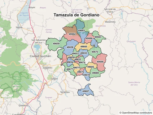Mapa de códigos postales de Tamazula de Gordiano, Jalisco