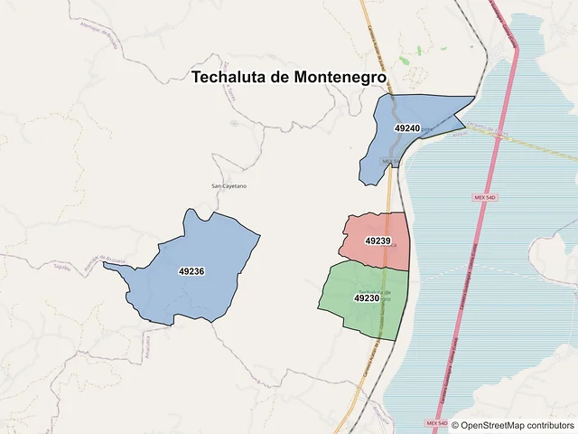 Mapa de códigos postales de Techaluta de Montenegro, Jalisco