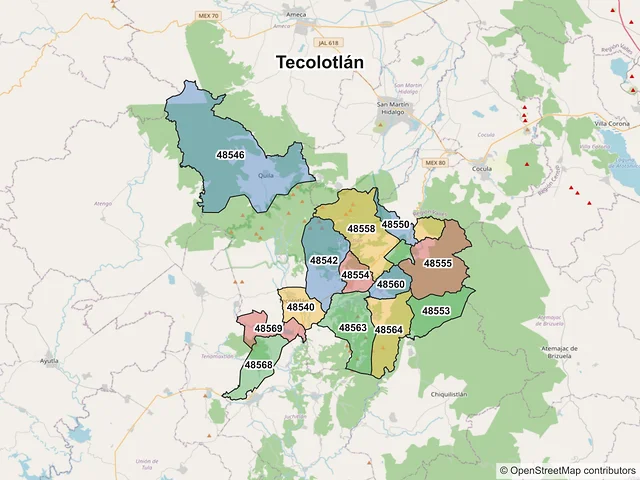 Mapa de códigos postales de Tecolotlán, Jalisco