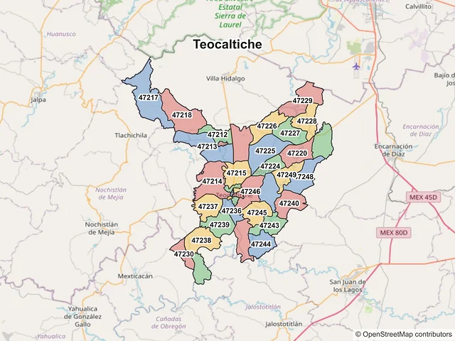 Mapa de códigos postales de Teocaltiche, Jalisco