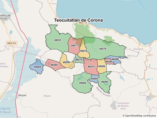 Mapa de códigos postales de Teocuitatlán de Corona, Jalisco