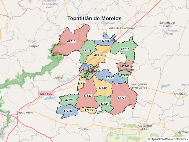 Mapa de códigos postales de Tepatitlán de Morelos, Jalisco