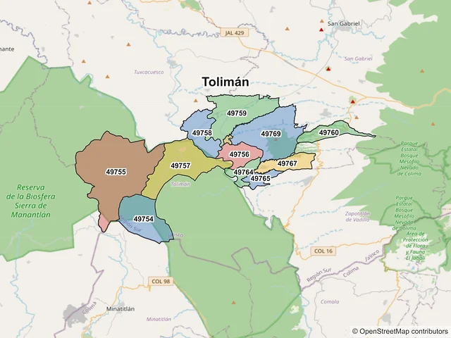Mapa de códigos postales de Tolimán, Jalisco