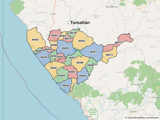 Mapa de códigos postales de Tomatlán, Jalisco