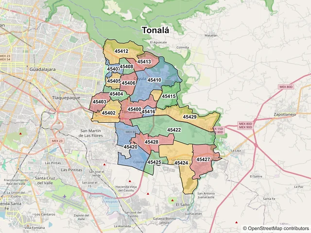 Mapa de códigos postales de Tonalá, Jalisco