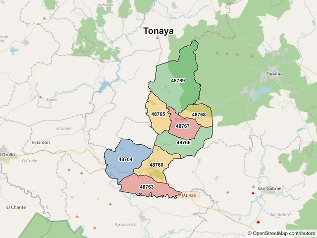 Mapa de códigos postales de Tonaya, Jalisco