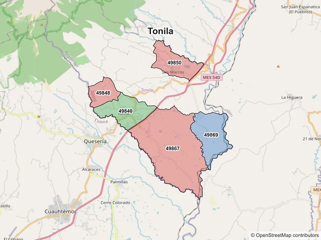 Mapa de códigos postales de Tonila, Jalisco