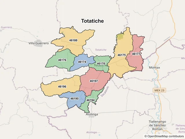 Mapa de códigos postales de Totatiche, Jalisco