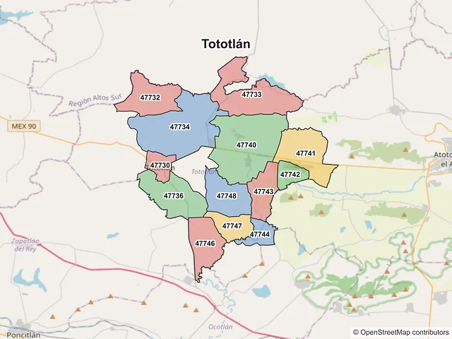 Mapa de códigos postales de Tototlán, Jalisco