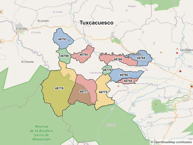 Mapa de códigos postales de Tuxcacuesco, Jalisco