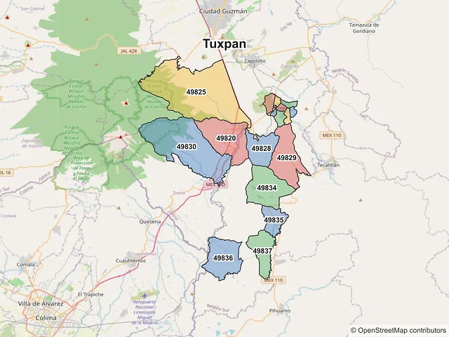 Mapa de códigos postales de Tuxpan, Jalisco
