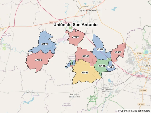Mapa de códigos postales de Unión de San Antonio, Jalisco