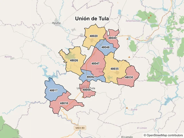 Mapa de códigos postales de Unión de Tula, Jalisco