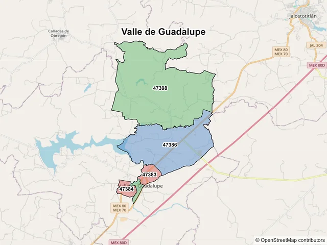 Mapa de códigos postales de Valle de Guadalupe, Jalisco