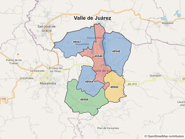 Mapa de códigos postales de Valle de Juárez, Jalisco