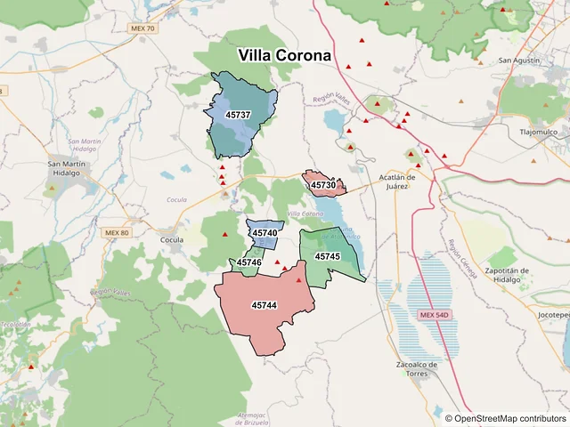 Mapa de códigos postales de Villa Corona, Jalisco
