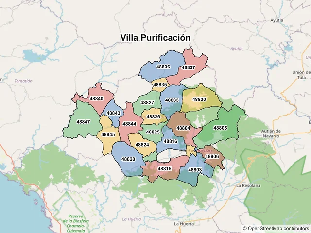 Mapa de códigos postales de Villa Purificación, Jalisco