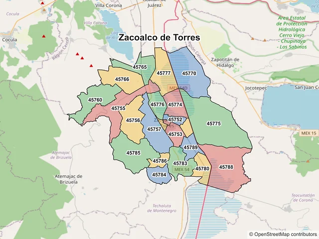 Mapa de códigos postales de Zacoalco de Torres, Jalisco