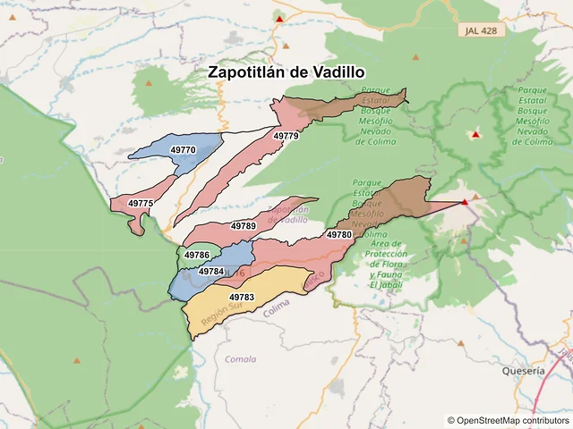 Mapa de códigos postales de Zapotitlán de Vadillo, Jalisco