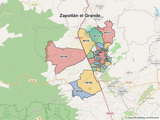 Mapa de códigos postales de Zapotlán el Grande, Jalisco
