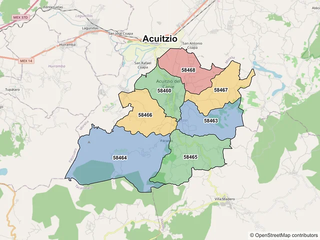 Mapa de códigos postales de Acuitzio, Michoacán de Ocampo