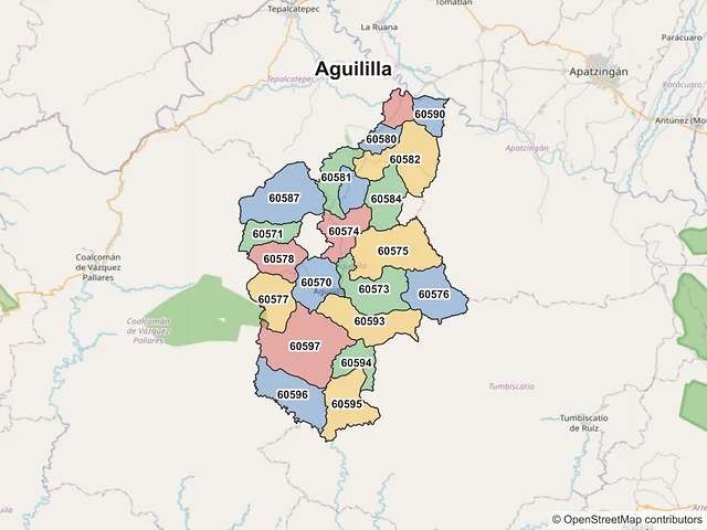 Mapa de códigos postales de Aguililla, Michoacán de Ocampo