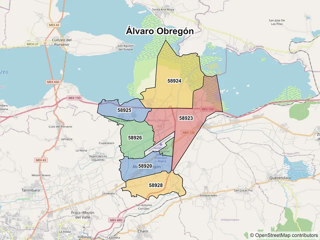 Mapa de códigos postales de Álvaro Obregón, Michoacán de Ocampo