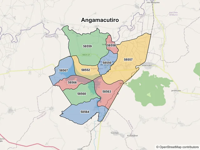 Mapa de códigos postales de Angamacutiro, Michoacán de Ocampo