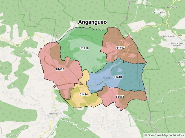Mapa de códigos postales de Angangueo, Michoacán de Ocampo