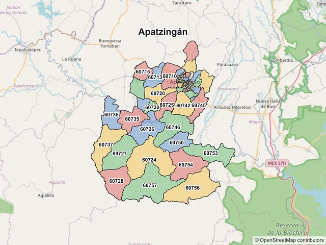 Mapa de códigos postales de Apatzingán, Michoacán de Ocampo