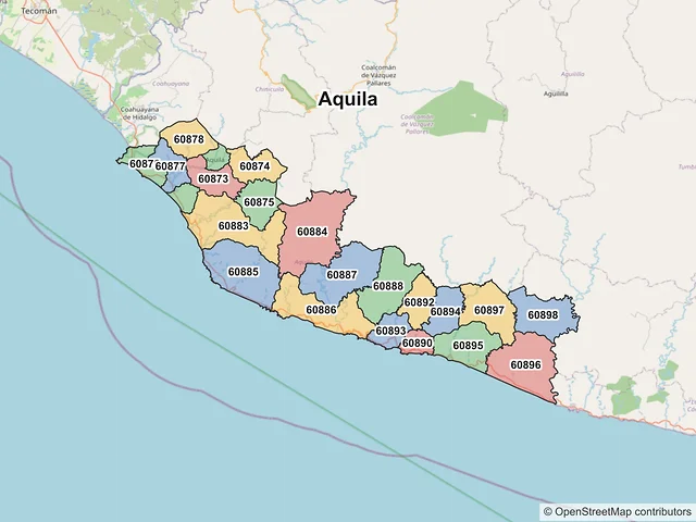 Mapa de códigos postales de Aquila, Michoacán de Ocampo