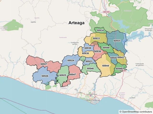 Mapa de códigos postales de Arteaga, Michoacán de Ocampo