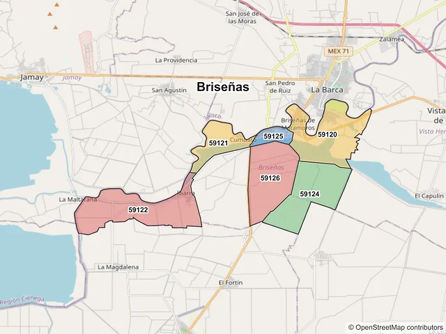 Mapa de códigos postales de Briseñas, Michoacán de Ocampo