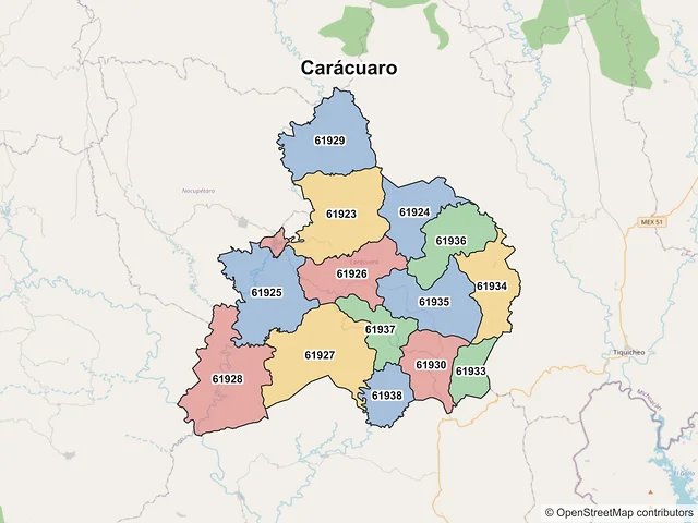 Mapa de códigos postales de Carácuaro, Michoacán de Ocampo