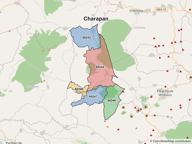 Mapa de códigos postales de Charapan, Michoacán de Ocampo