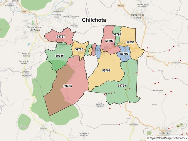 Mapa de códigos postales de Chilchota, Michoacán de Ocampo