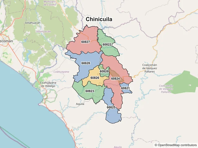 Mapa de códigos postales de Chinicuila, Michoacán de Ocampo