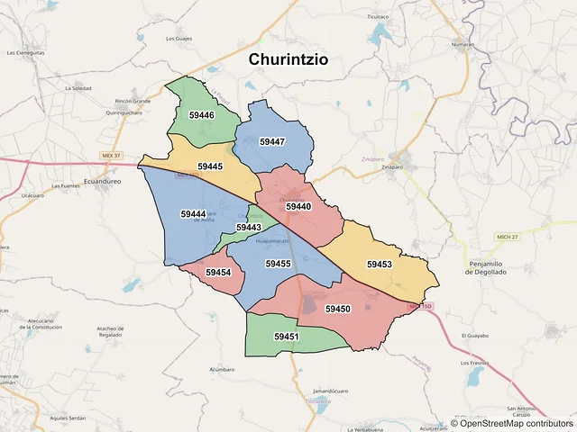 Mapa de códigos postales de Churintzio, Michoacán de Ocampo