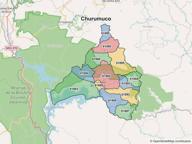 Mapa de códigos postales de Churumuco, Michoacán de Ocampo