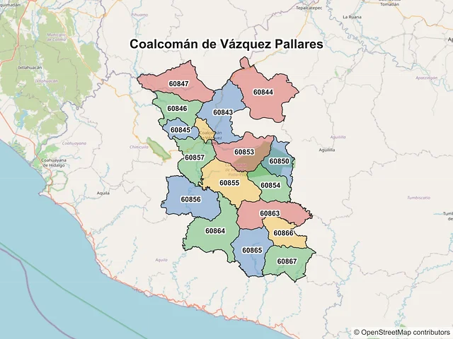 Mapa de códigos postales de Coalcomán de Vázquez Pallares, Michoacán de Ocampo