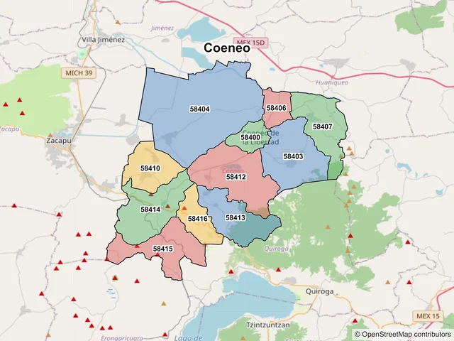Mapa de códigos postales de Coeneo, Michoacán de Ocampo