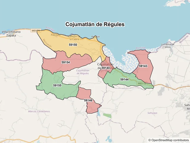 Mapa de códigos postales de Cojumatlán de Régules, Michoacán de Ocampo