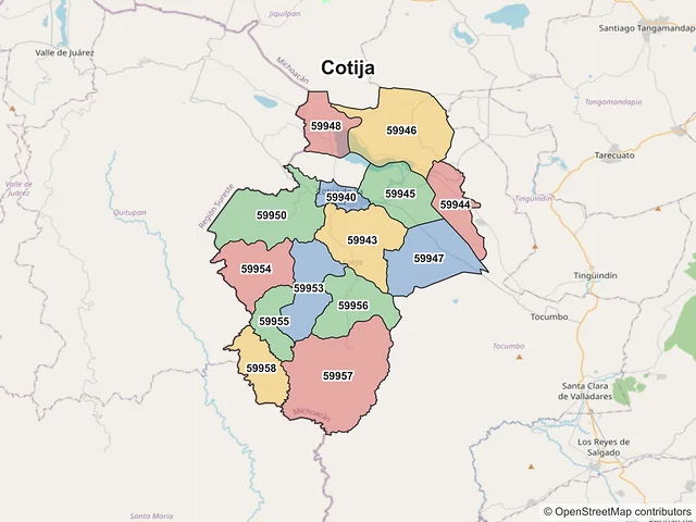 Mapa de códigos postales de Cotija, Michoacán de Ocampo
