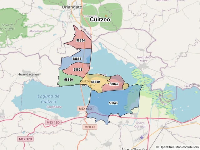 Mapa de códigos postales de Cuitzeo, Michoacán de Ocampo