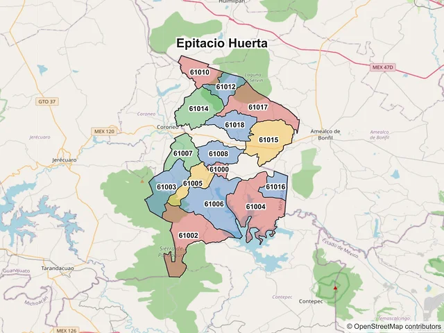 Mapa de códigos postales de Epitacio Huerta, Michoacán de Ocampo