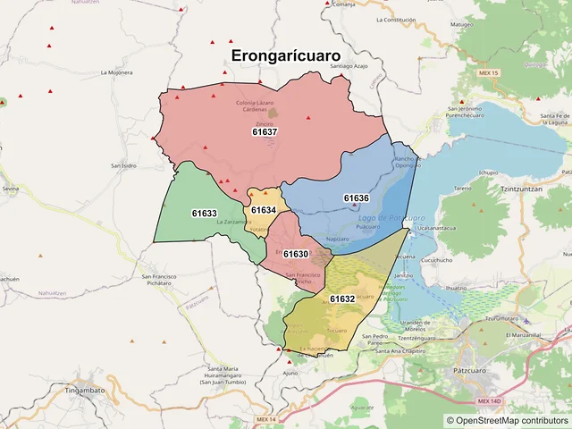 Mapa de códigos postales de Erongarícuaro, Michoacán de Ocampo