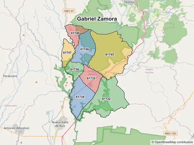 Mapa de códigos postales de Gabriel Zamora, Michoacán de Ocampo