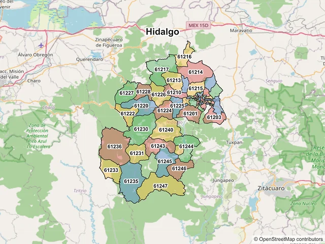Mapa de códigos postales de Hidalgo, Michoacán de Ocampo