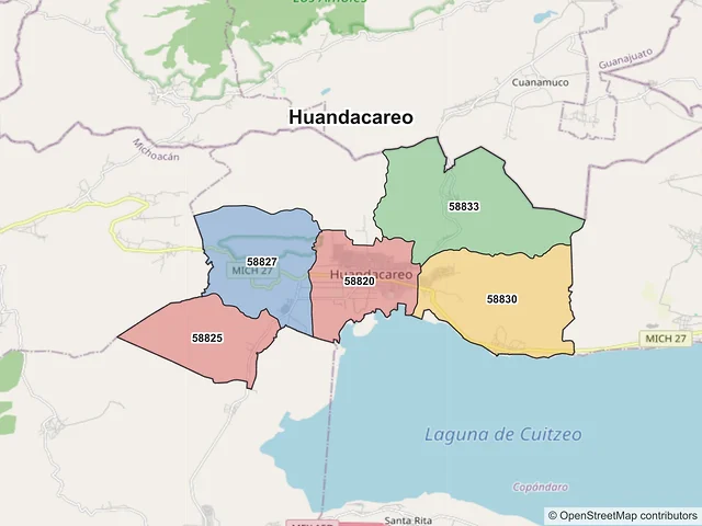 Mapa de códigos postales de Huandacareo, Michoacán de Ocampo